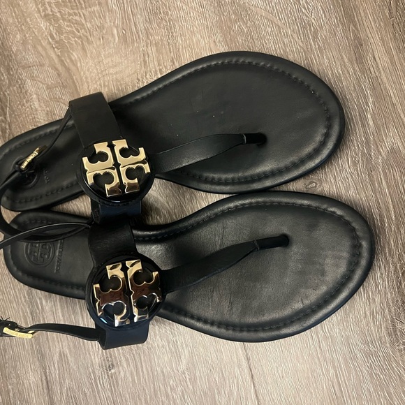 Tory Burch Black Leather Sandals with Gold Accent - Picture 1 of 4